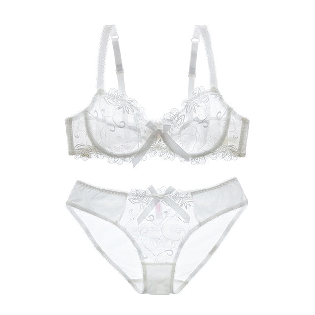 Embroidery Bras Underwear Women Set Plus Size Lingerie Sexy C D Cup Ultrathin Transparent Bra