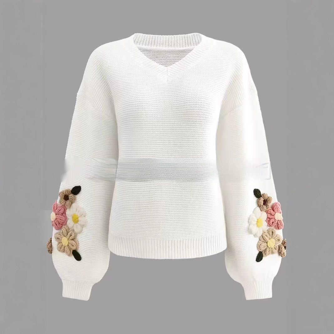 Elegant Knitted Sweater With Colorful Floral Design For Women