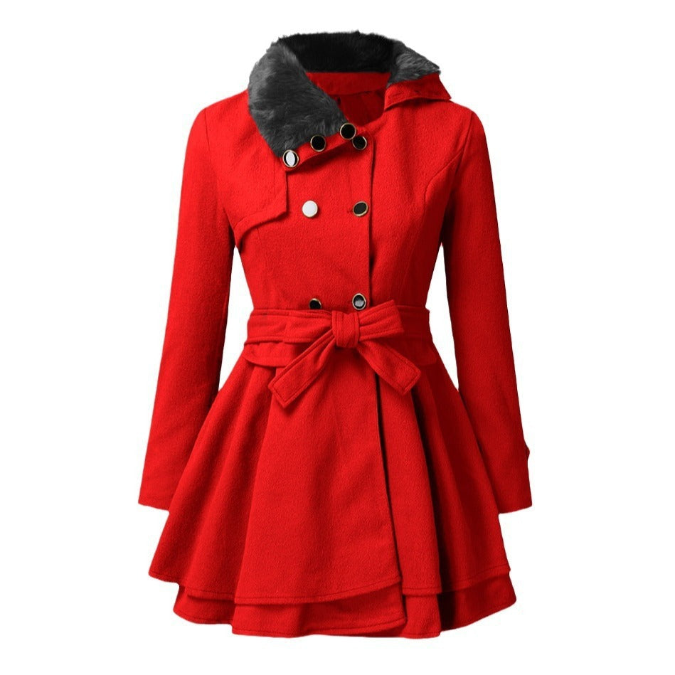 Women's Fur Collar Coat Double-breasted Trench Coat With Large Skirt
