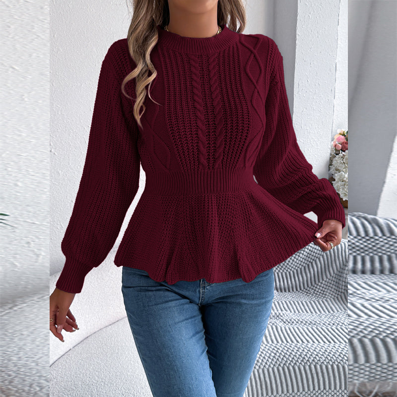 Women's Cable Knit Sweater With Peplum Hem Round Neck Ribbed Waist Top For Spring And Fall