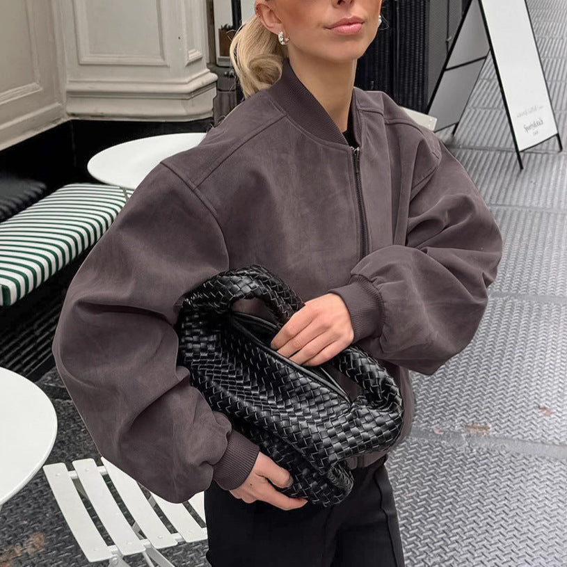 Suede American High Street Stand Collar Long Sleeve Bomber Zip Jacket