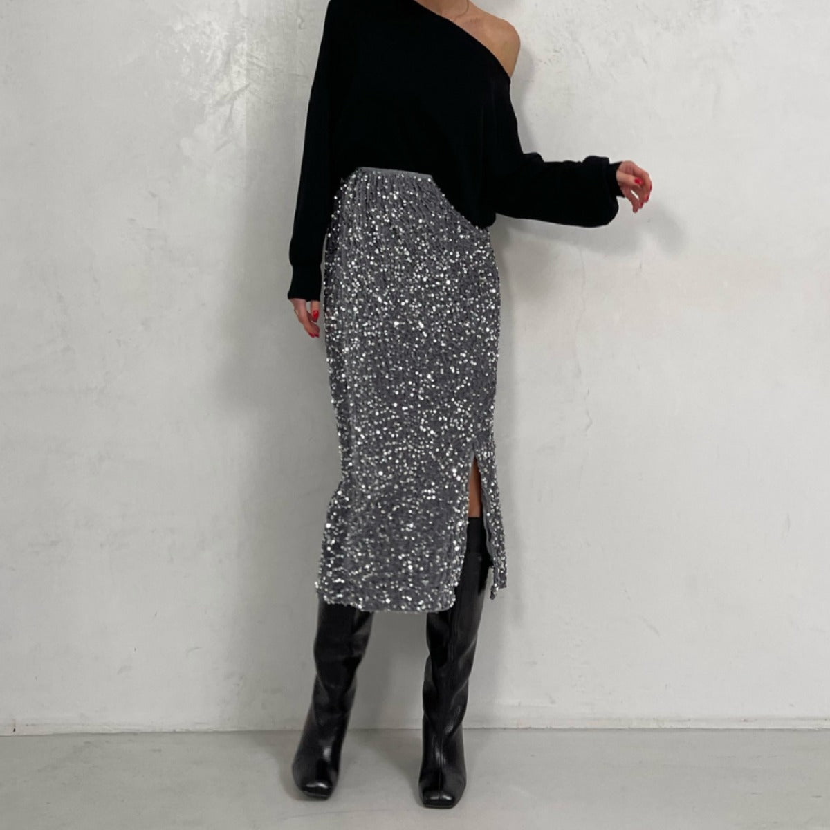 Sequins Skirt Party Sheath High Waist Slit Midi Skirt