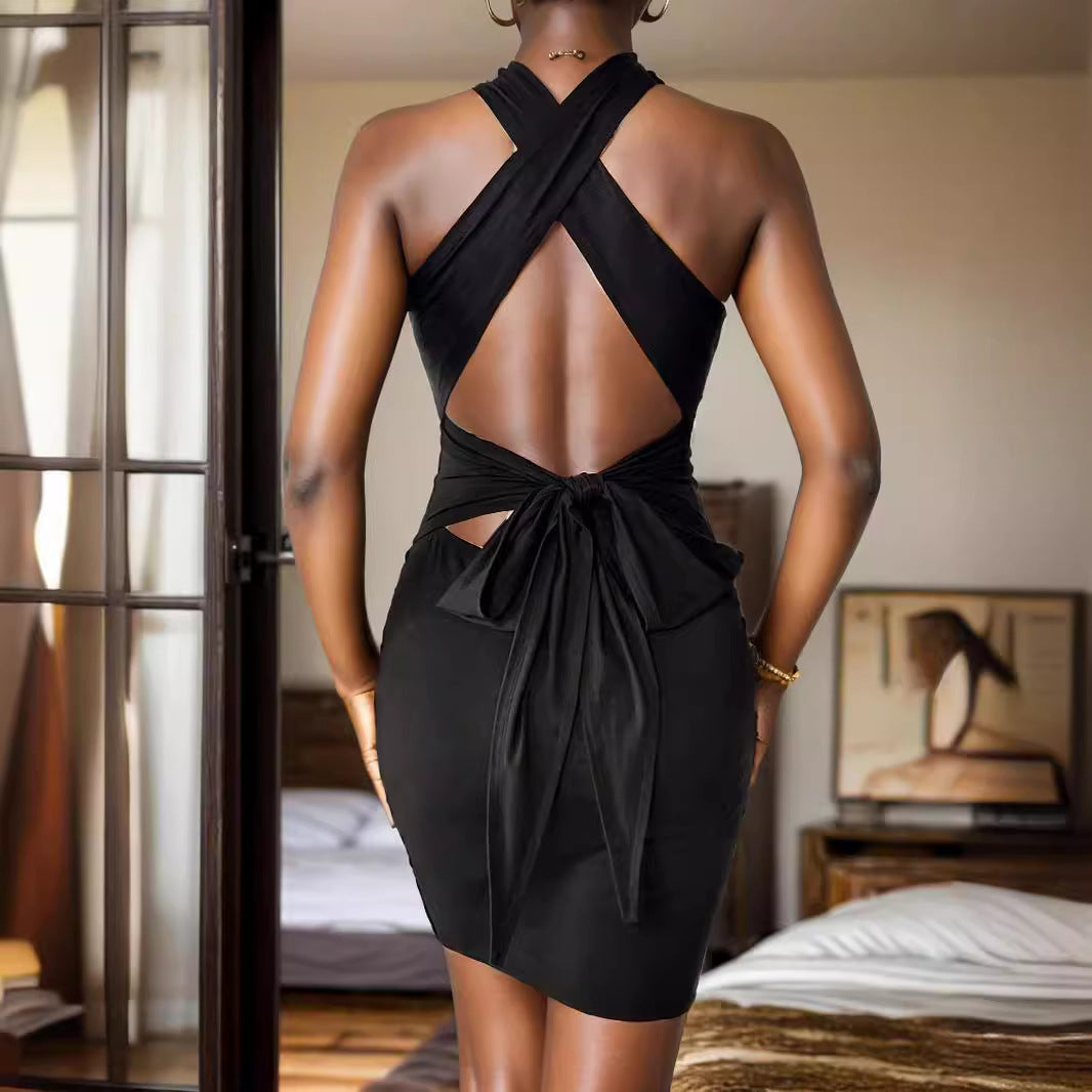 Womens Sexy Backless Strappy Stretchy Hip Hugging Halter Dress