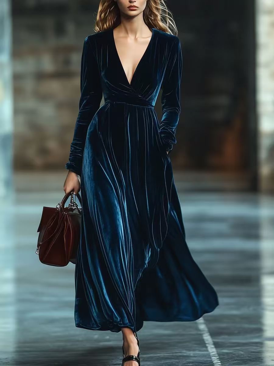 Cropped-waist Deep-V-neck Long Dress With Ruched Detailing