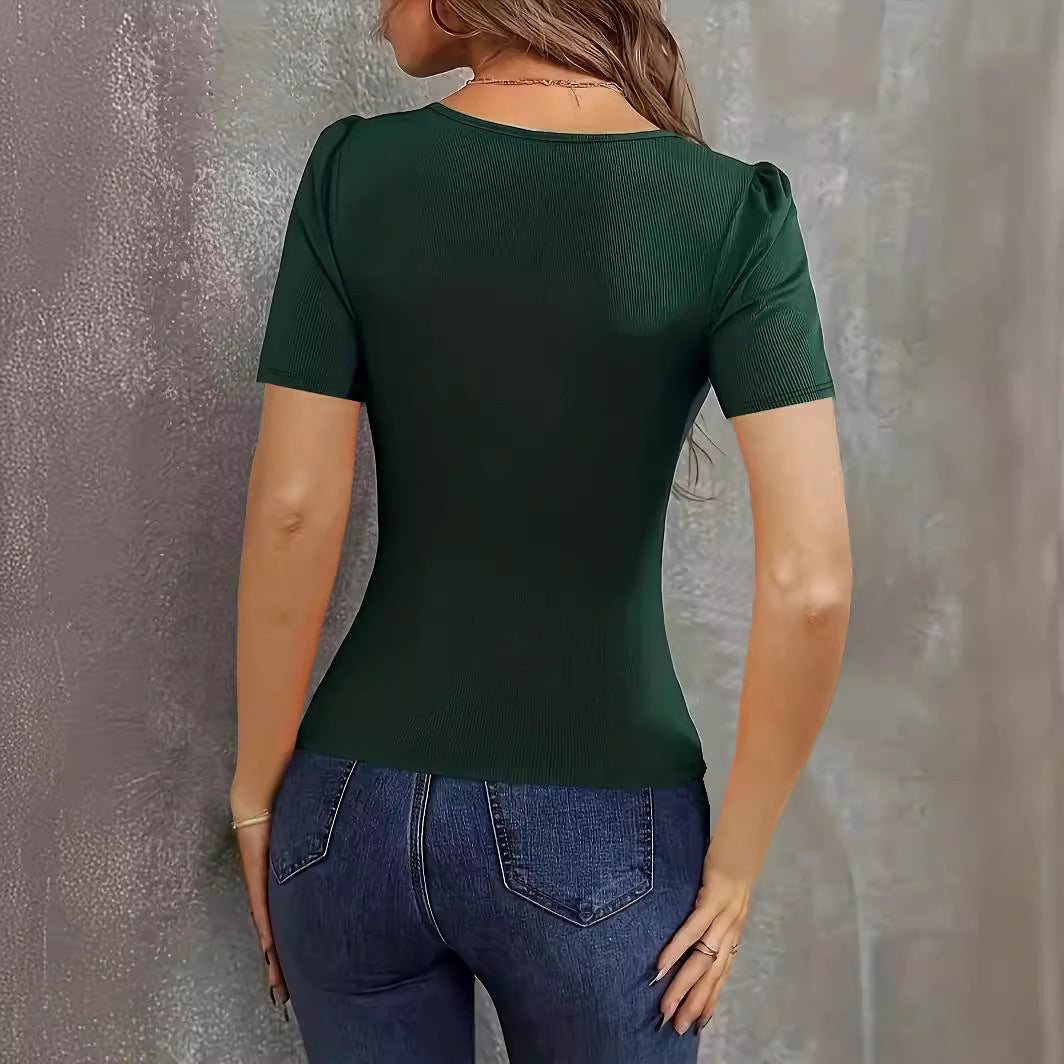 Casual Fashion Women's Wear Low-neck Slim Fit Knitted Short Sleeve