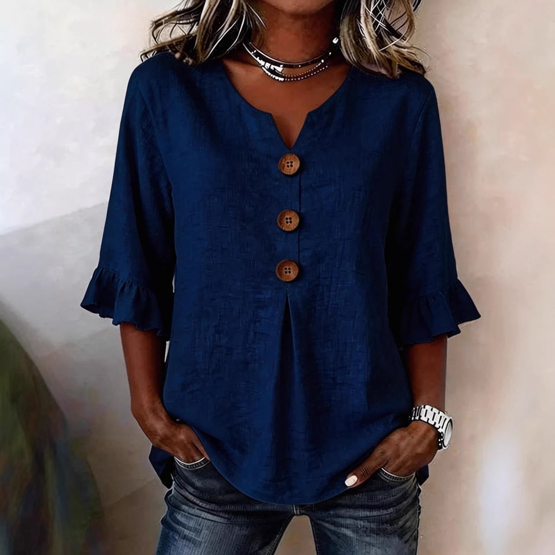 Women's V-neck Cotton-linen Button-up Top