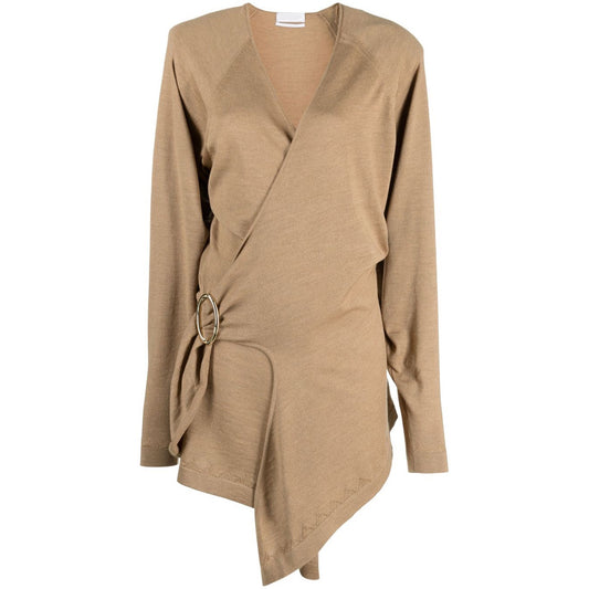 Women Temperament Irregular Buckle Collect Waist V-Neck Long Sleeve Knitted Dress