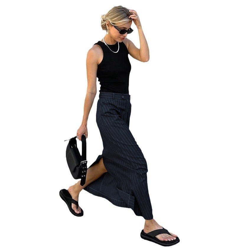 High Waist Striped Slit Straight Skirt