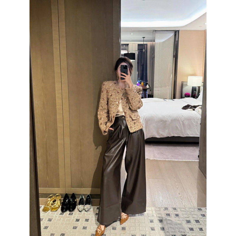 Gold Sequined Coat Tweed Padded Top