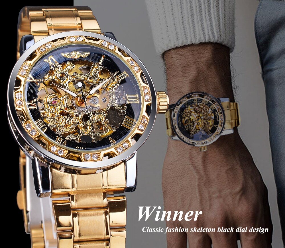 Winner Golden Watches Classic Rhinestone Clock Roman Analog Male Skeleton Clocks Mechanical Stainless Steel Band Luminous Watch