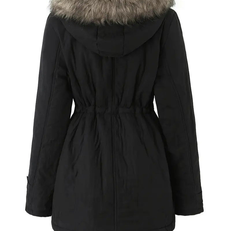 European And American Hooded Drawstring Slim Casual Jacket Coat For Women Mid-length