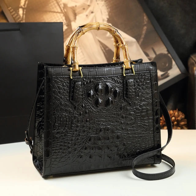 Brand Genuine Leather Bamboo Women's Bag Crocodile Pattern Ladies Handbag Portable Tote Bag Mom Tide Shoulder Messenger Bags