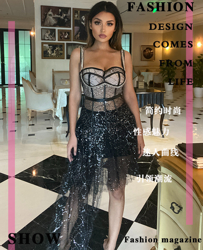 Women's Halter Waist Sequin Gauze Dress Two-piece Set Dress