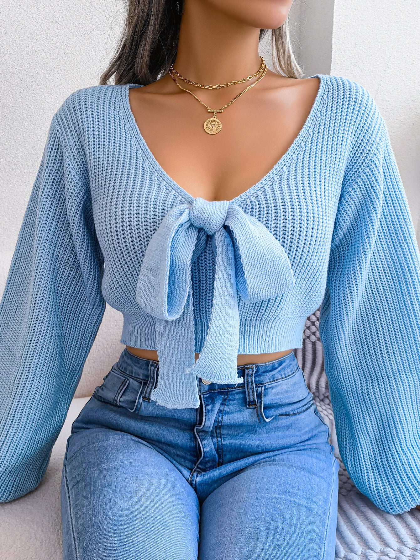 Women Fashion Bow V-Neck Lantern Sleeve Cropped Sweater