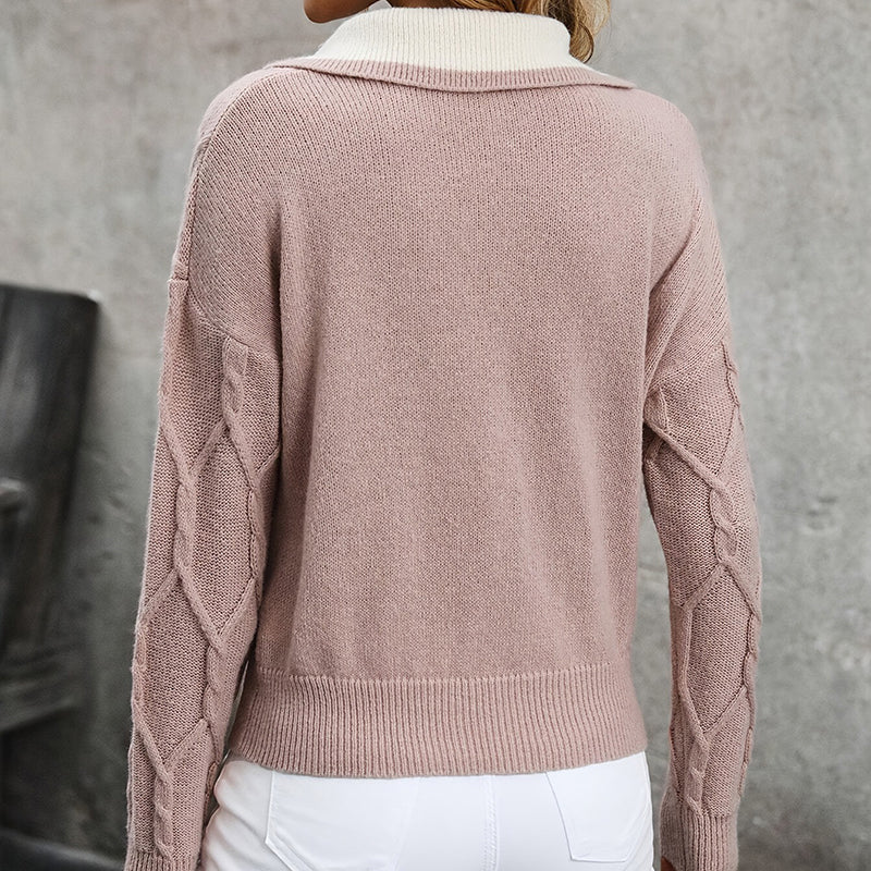 Women's Lapel V-Neck Sweater, Color Block Long Sleeve Casual Pullover
