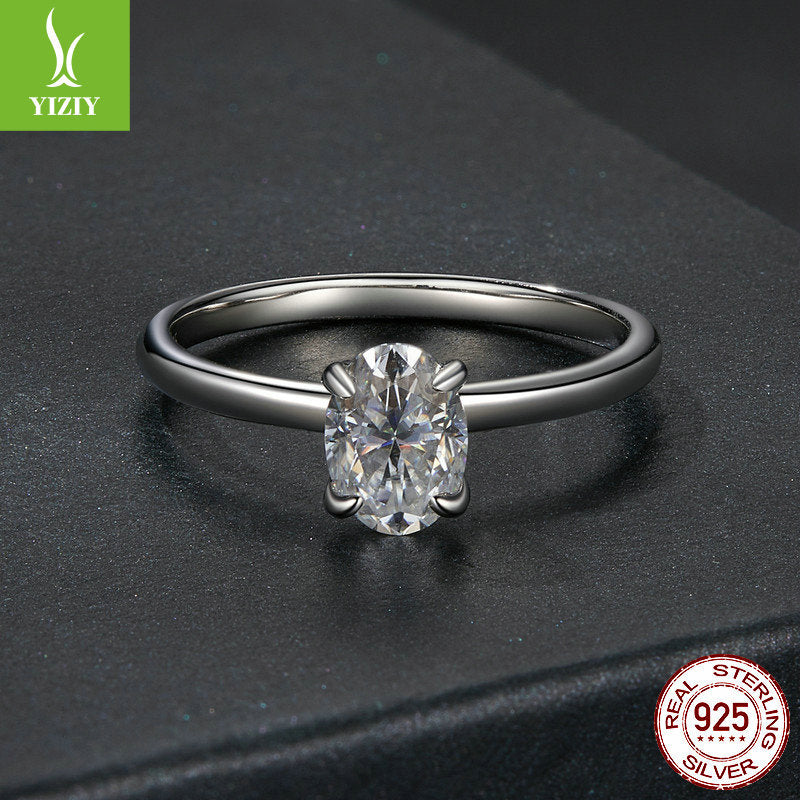 Yinziyun new oval one carat moissani diamond ring wedding ring classic simple charm s925 pure silver ring