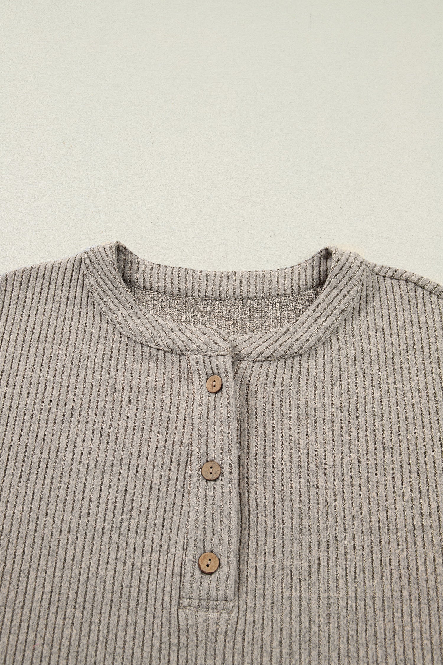 Simply Taupe Plus Size Ribbed Knit Kangaroo Pocket Henley Long Sleeve Top