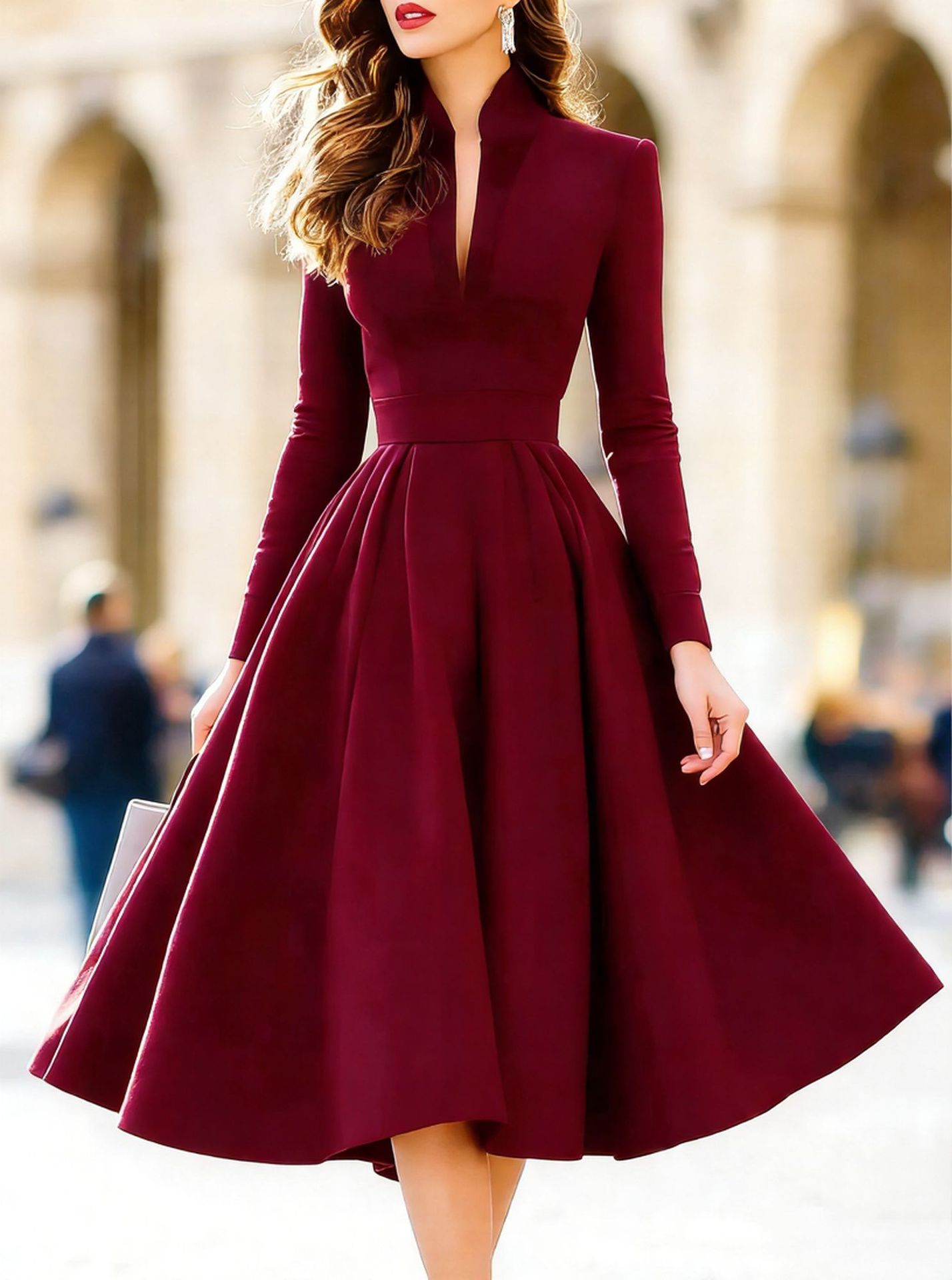 Stylish And Elegant V-neck Satin Long-sleeve Dress With A Tie Waist