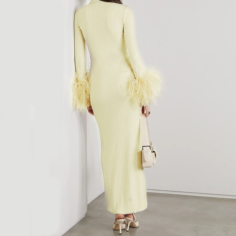 Light Yellow Dress Women Elegant Bandage Long Sleeve Feather Design Party Dress Vestidos