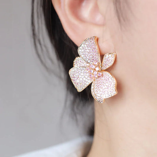 New Design Fashion Golden Color Cubic Zirconia Big Flower Stud eEarring For Women Wedding Bride Jewelry