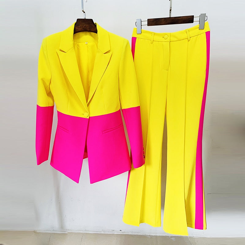 Newest Designer Runway Suit Set Women's Single Button Color Block Blazer Flare Pants Suit