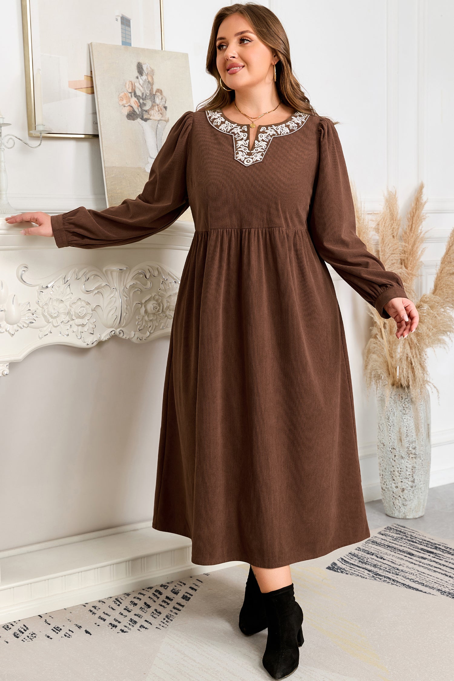 Coffee Embroidered Notched Neckline Textured Pleated High Waist Plus Size Midi Dress