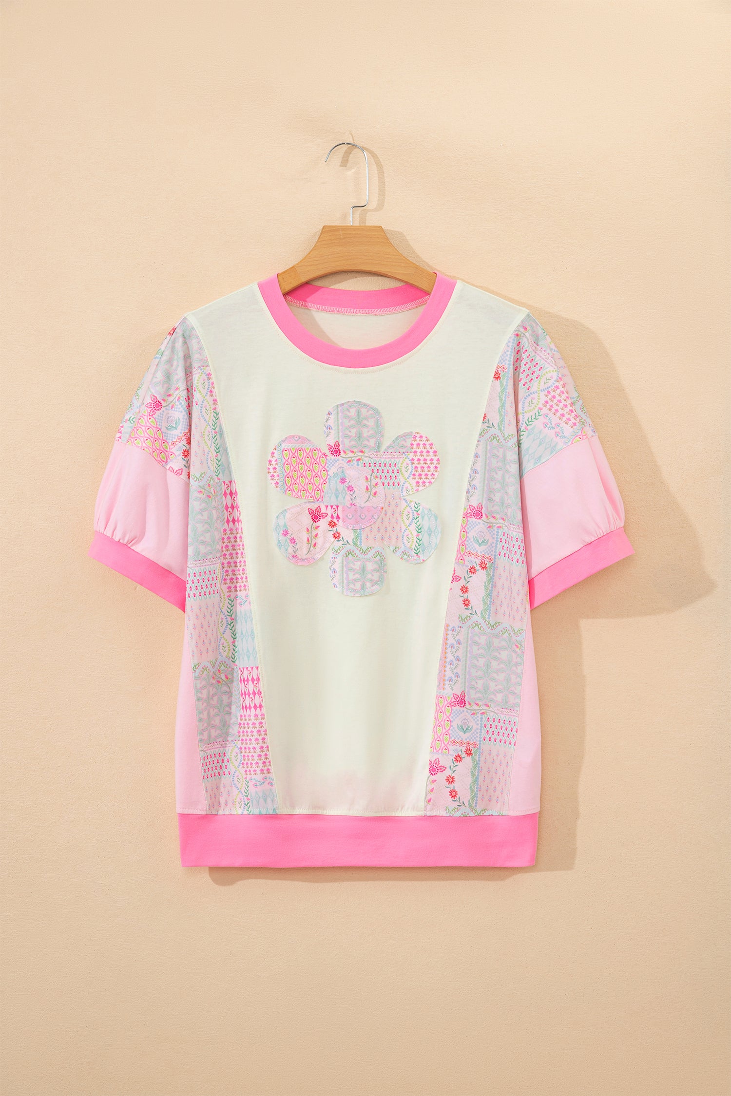 Beige Color Block Floral Patchwork Big Flower Accent Relaxed Top