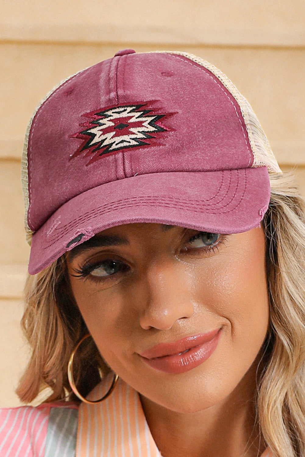 Coral Geometric Pattern Distressed Baseball Cap