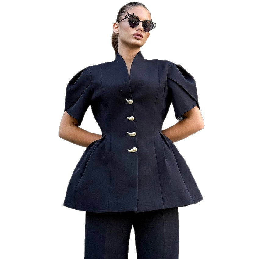 French-style Petal-sleeve Waist-cinching Shirt