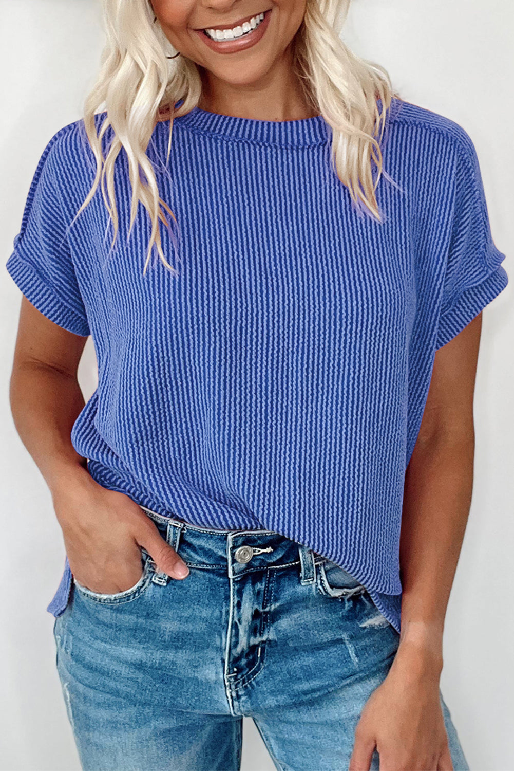 Bonbon Textured Knit Exposed Stitching T-shirt