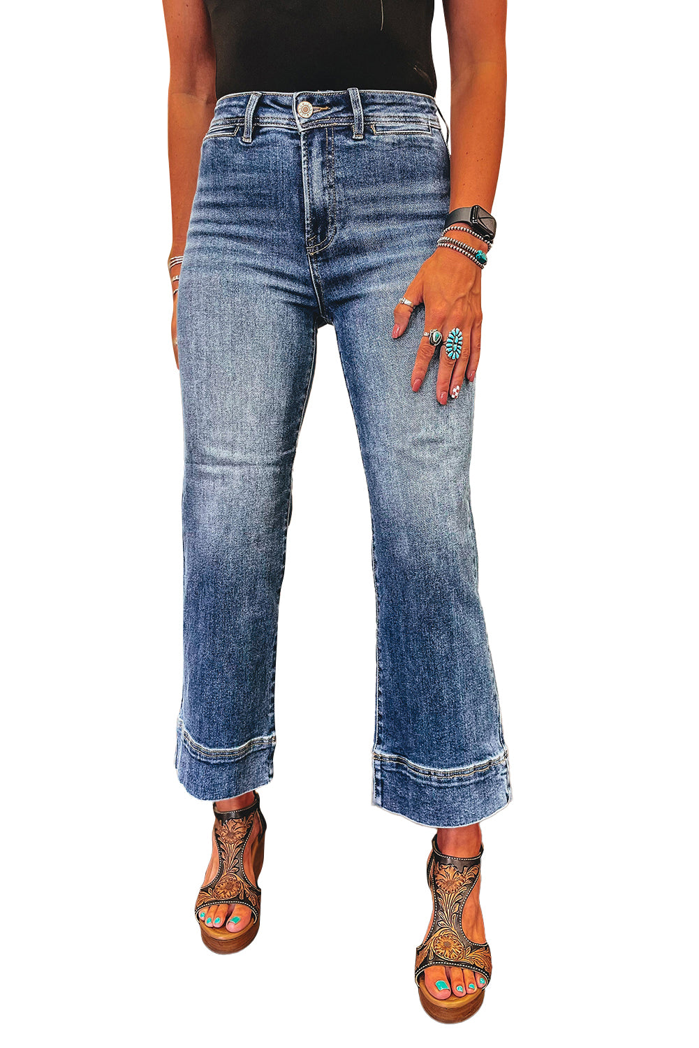 Jeans corti a vita alta Ashleigh blu lavaggio minerale