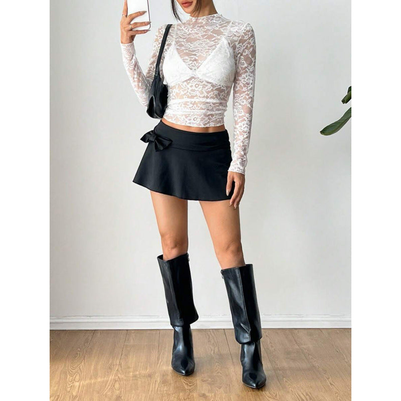 Women's Lace Elastic Peony Print Sheer Sexy Top