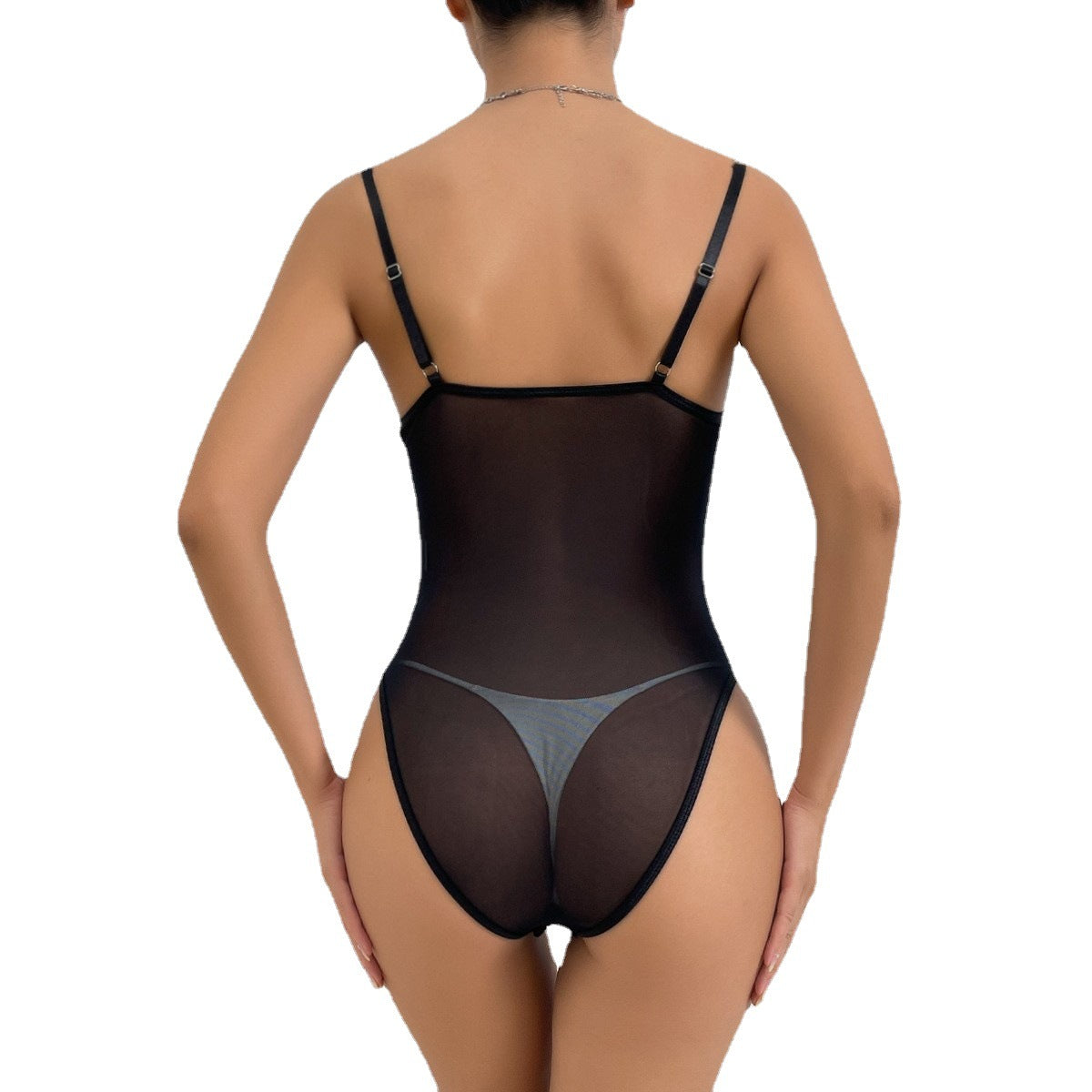 Womens Lace Mesh Sheer Jumpsuit With A Designer Metal Chain Strap Design