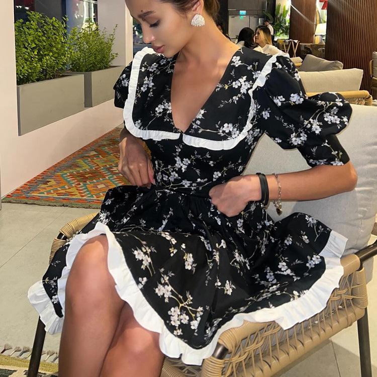 Womens Fashionable Printed Shawl Collar Patchwork Short-Sleeve Waist-Cinching Dress