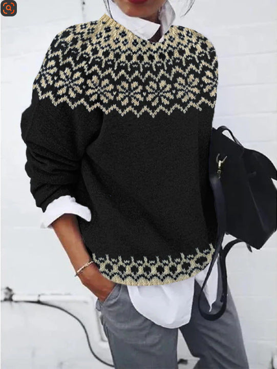Womens Loose Fashionable Crew-neck Knit Sweater