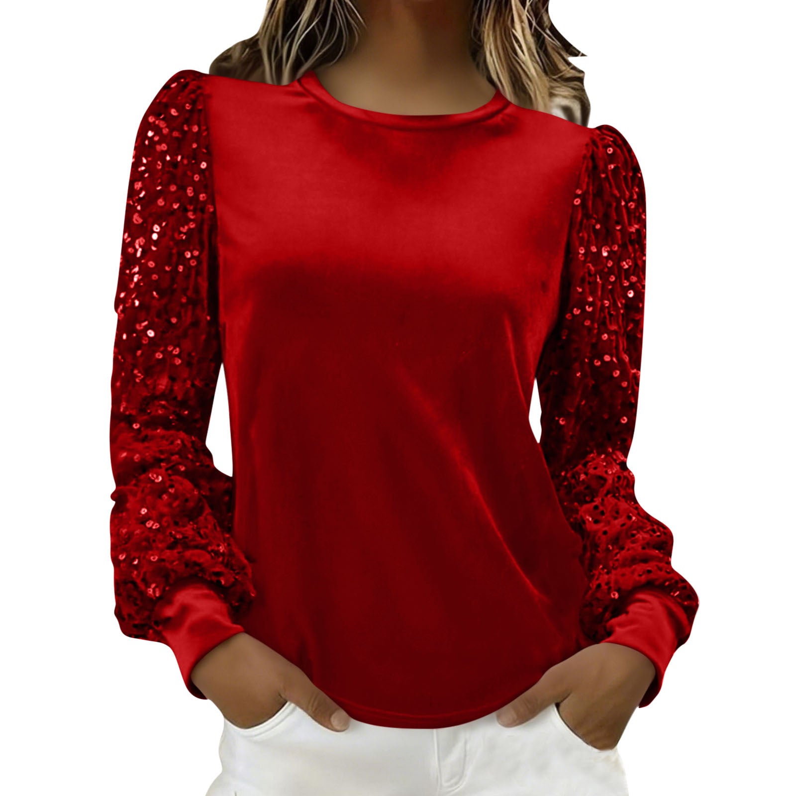 Velvet Crew-Neck Sequin-Patchwork Long-Sleeve T-Shirt Top