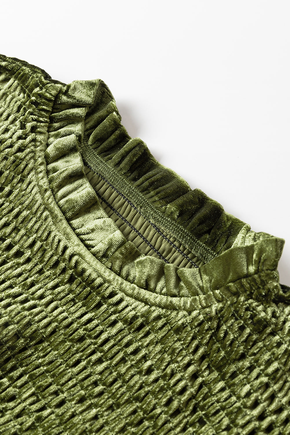 Green Smocked Lantern Sleeve Frilled Velvet Dress