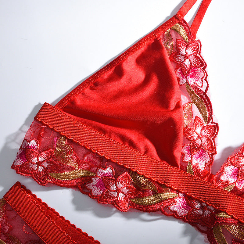 Ladies' Mesh Lace Embroidery Red Sexy Lingerie