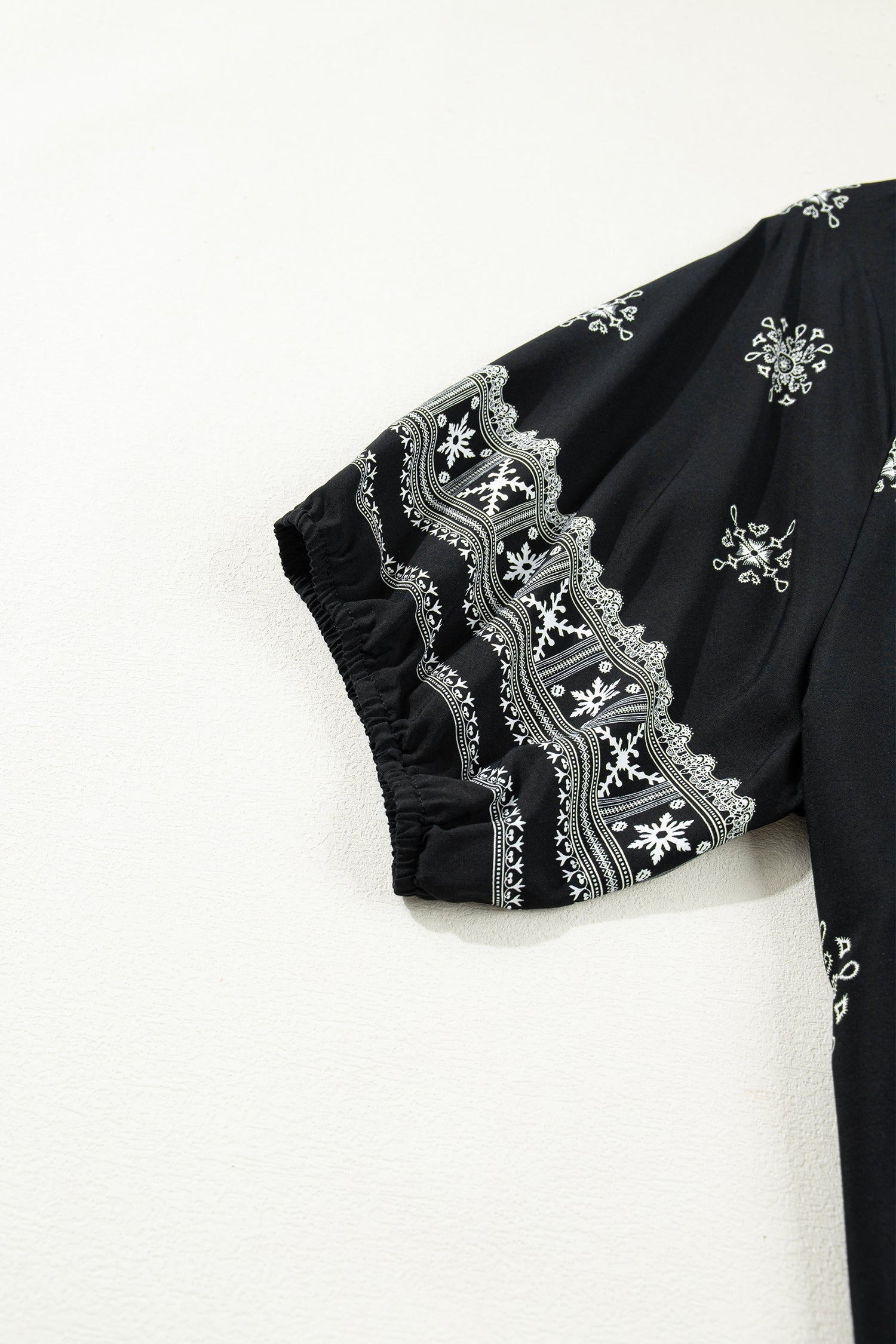 Black Boho Chic Notched V Neck Plus Floral Short Sleeve Top