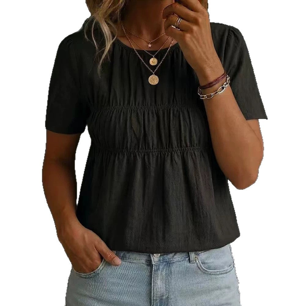 Women's Pleated Crew-Neck Short-Sleeve Top T-Shirt