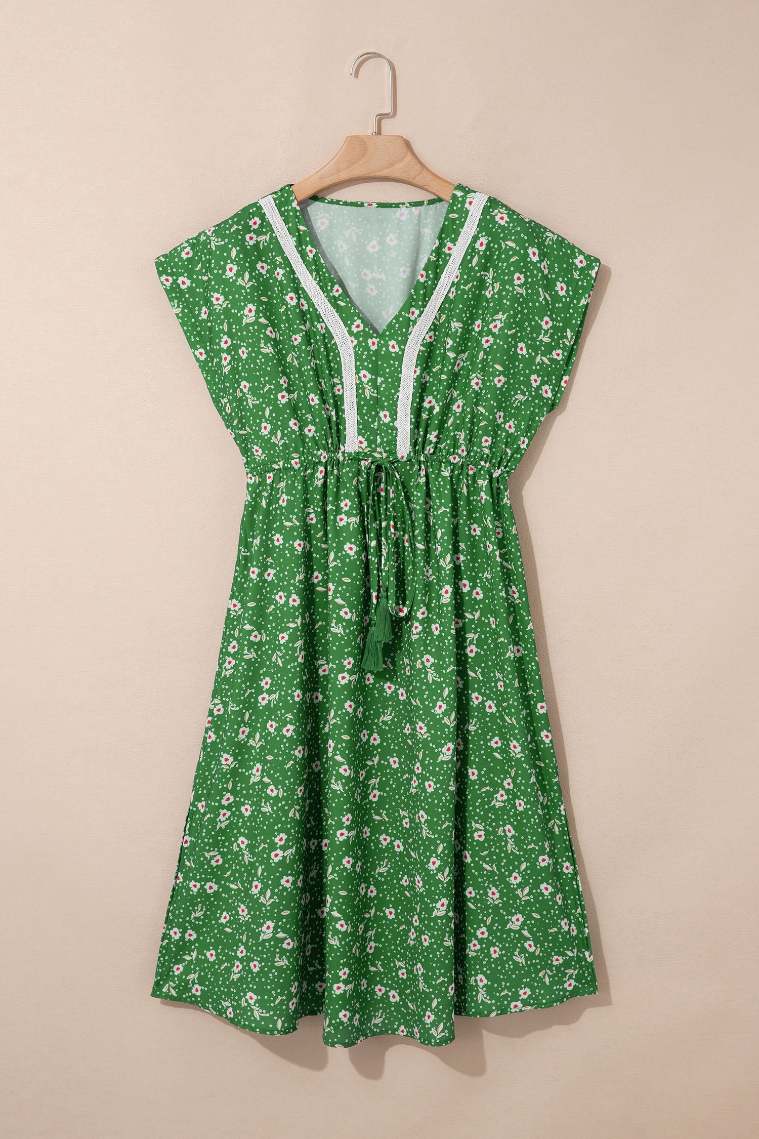 Sky Blue Abstract Print Embroidered Trim V Neck Drawstring High Waist Loose Vacation Dress