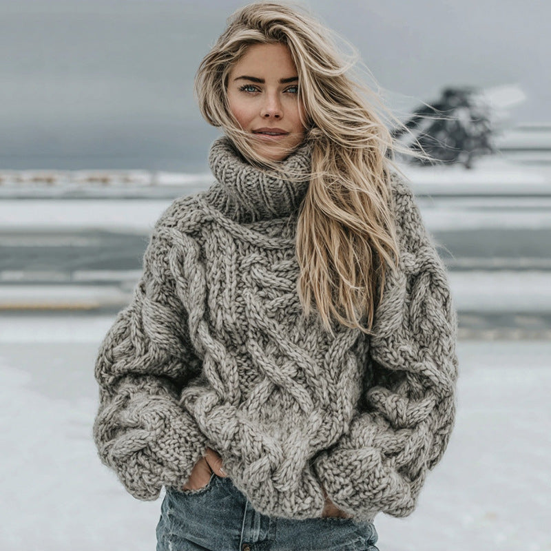 Womens High-neck Pullover Chunky-knit Jacquard Sweater