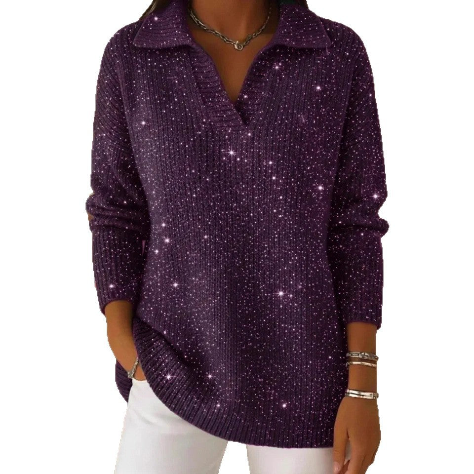 New Solid-color Long-sleeve Top Shimmering Sweater