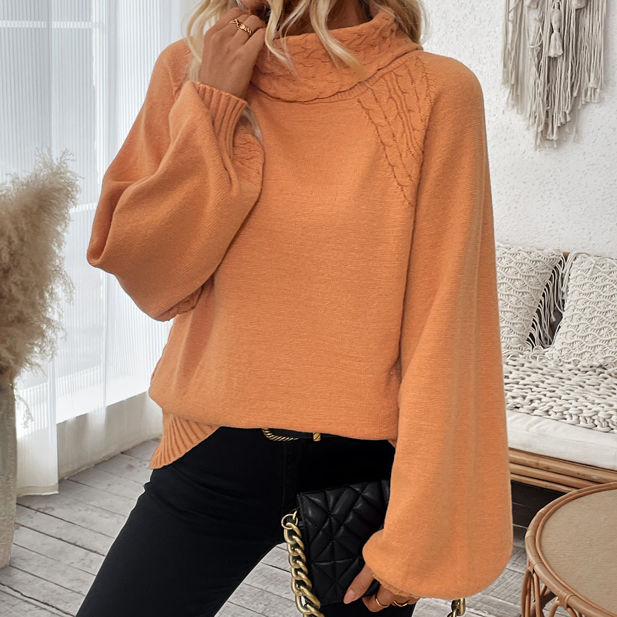 Loose Casual Sweater Turtleneck Twist Weave Princess Sleeves Sweater
