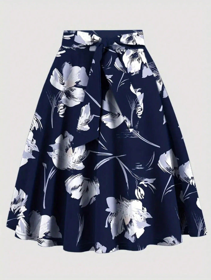 Black Floral Print Midi Skirt With Flower Pattern