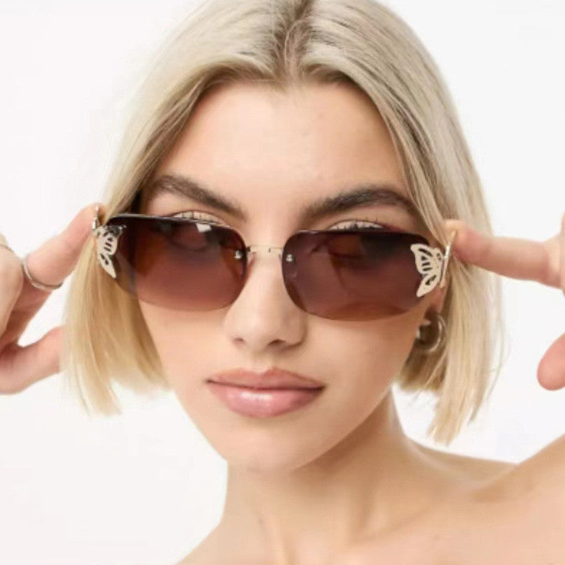 Frameless rectangular butterfly retro women's internet famous street photography diamond studded sunglasses