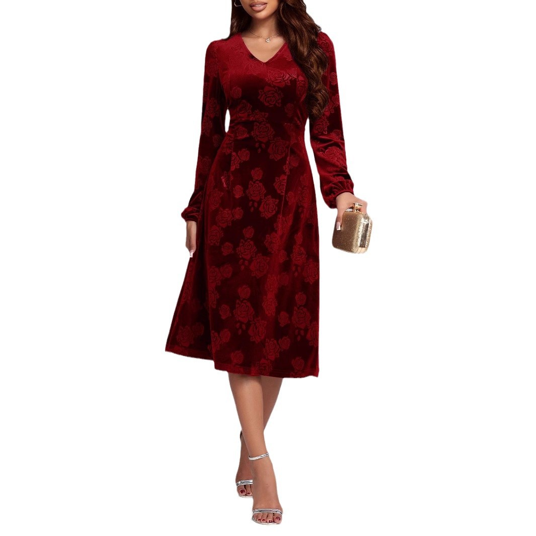 Womens Solid-Color Mid-Length Gold Velvet Embossed V-Neck Dress