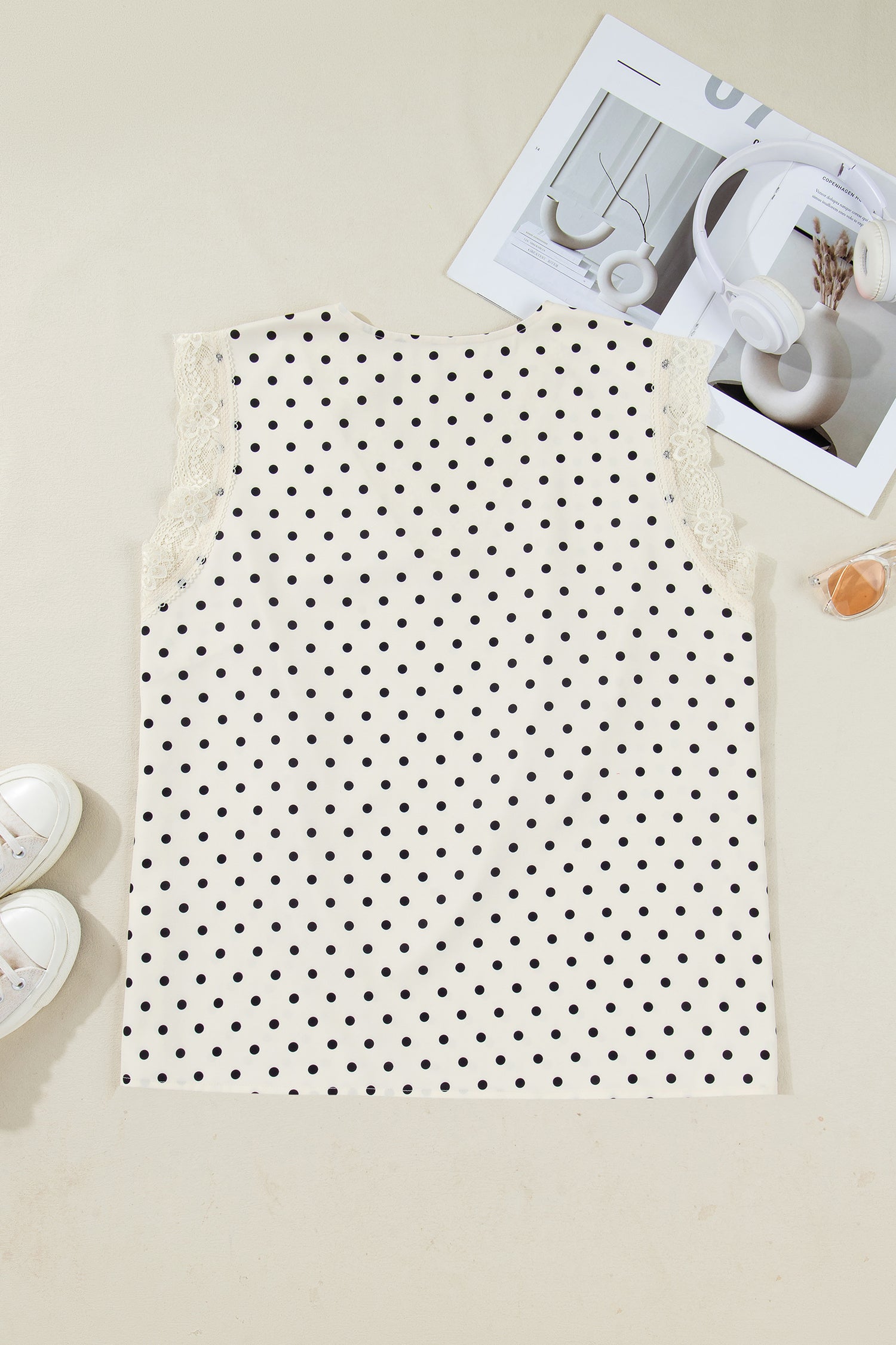 Apricot Plus Size Polka Dot Print Lace Trim V Neck Sleeveless Top