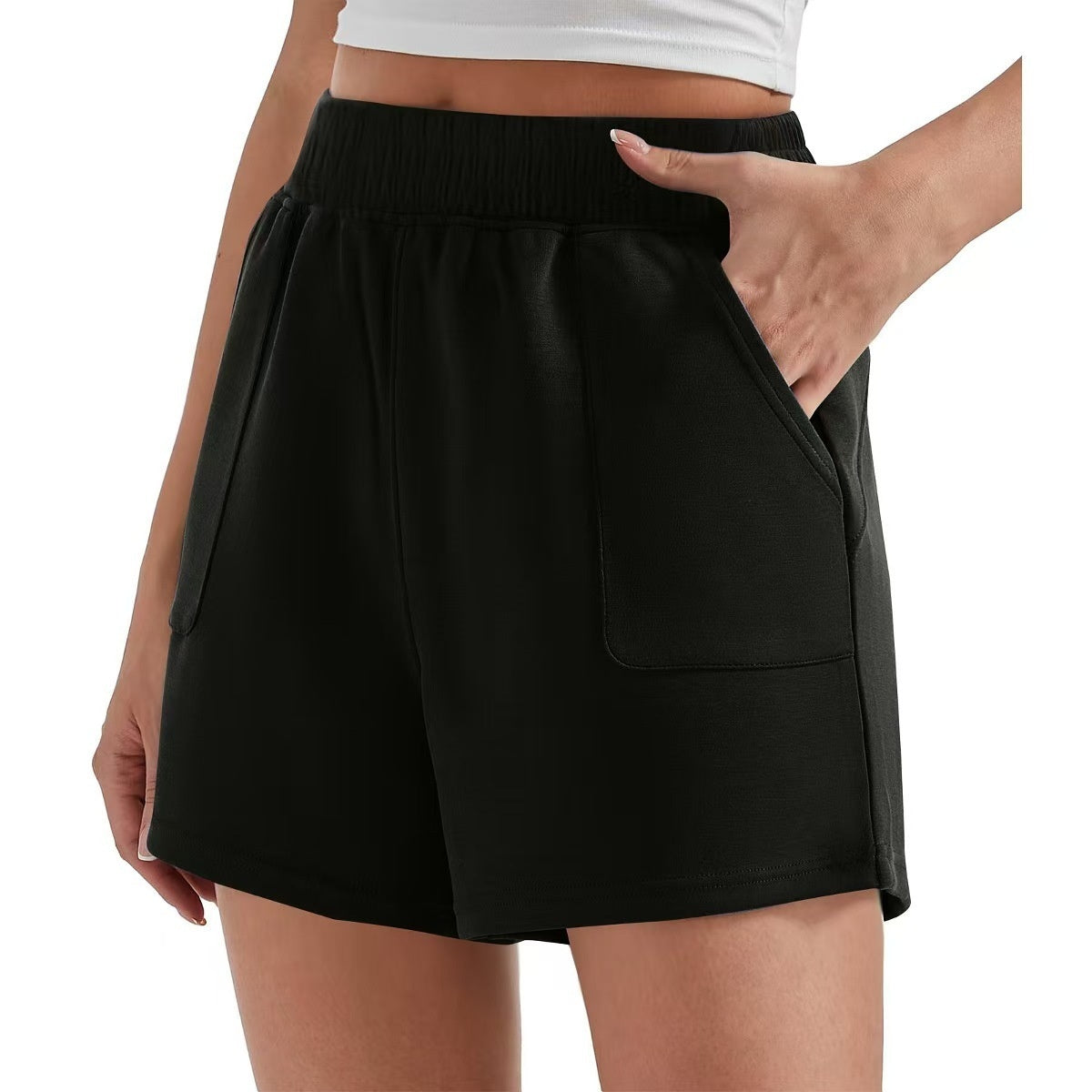 Cream Loose Waist Solid Color Sports Shorts