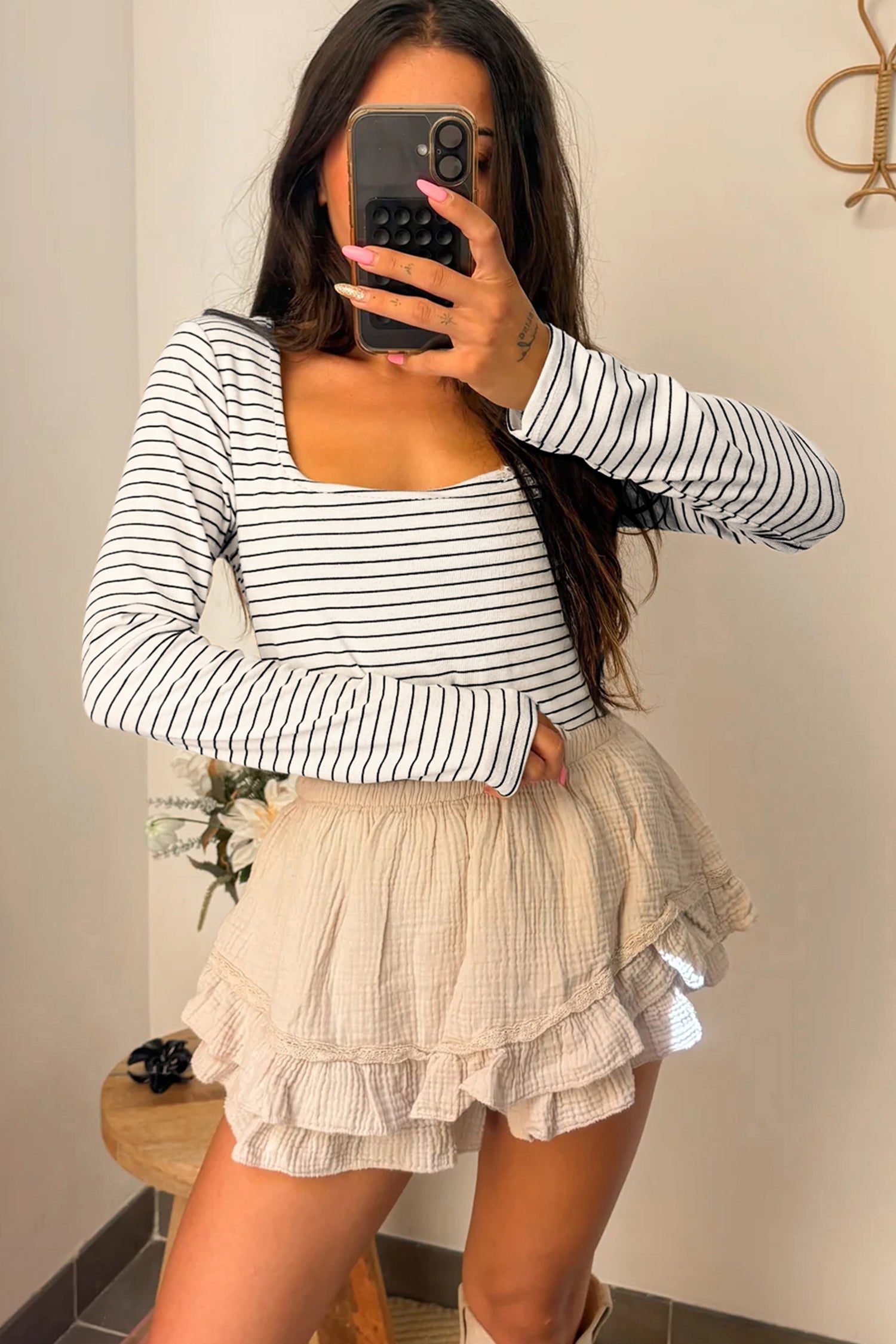 White Stripe Square Neck Long Sleeve Top
